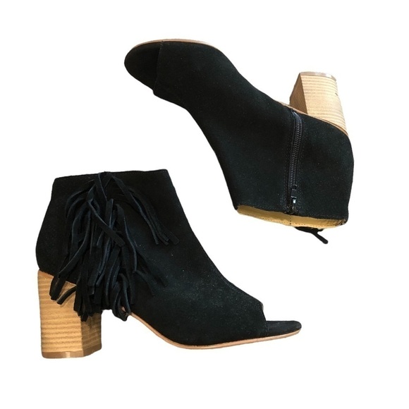 Kensie Erika Fringed Black Leather Suede Open Toe Booties, 7.5 WhimsiGoth Edgy - Picture 8 of 8